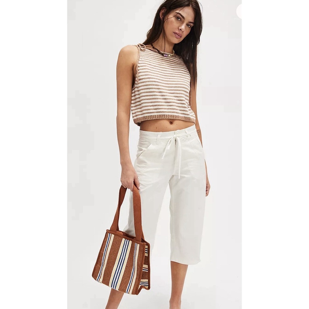 Free People Claire Tank Womens XL Brown Ivory Stripe Knit Tie Shoulders Boho